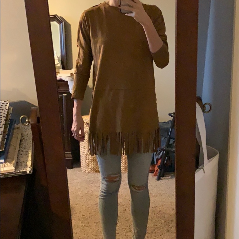 Suede-like cognac Fringed Tunic